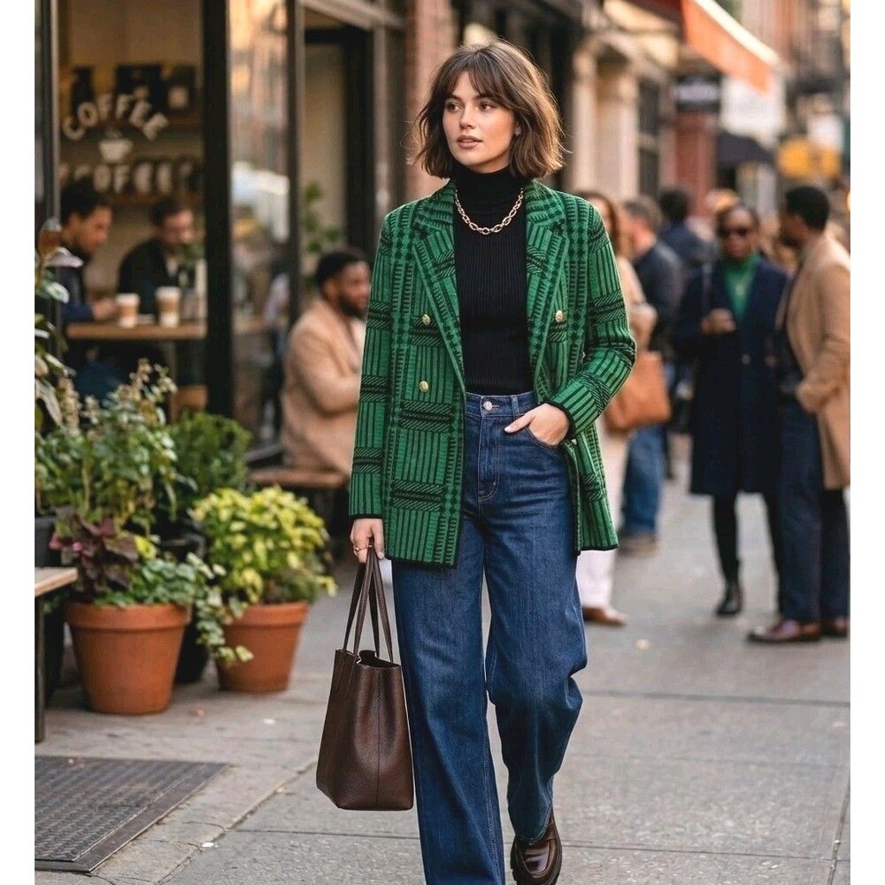 Anne Klein Green Plaid Long Cardigan Sweater Jacket Womens L Dbl Breasted Preppy - Picture 3 of 9